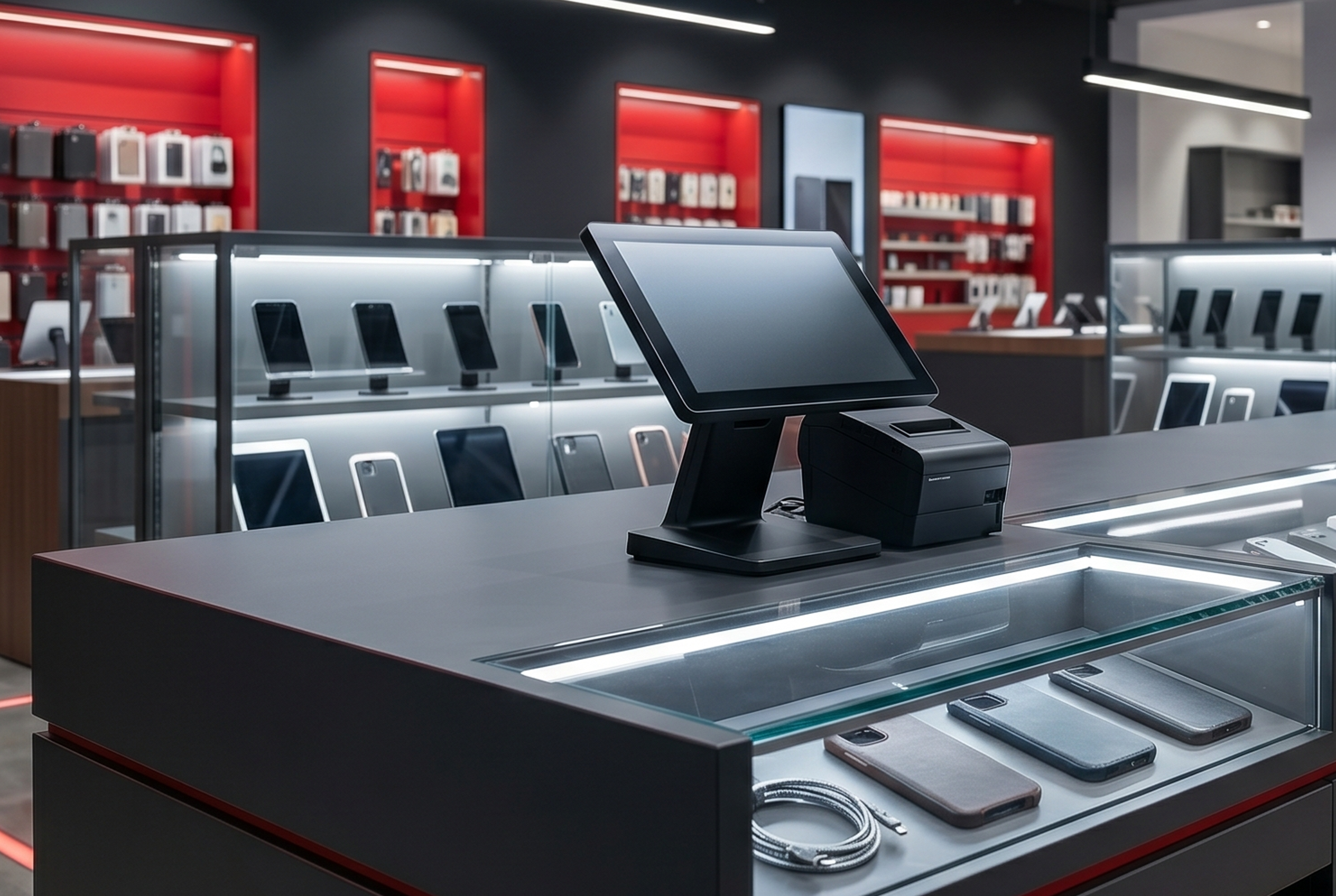 Intérieur de la boutique MBK Tech Papineau — Tablettes et téléphones exposés sur le comptoir
