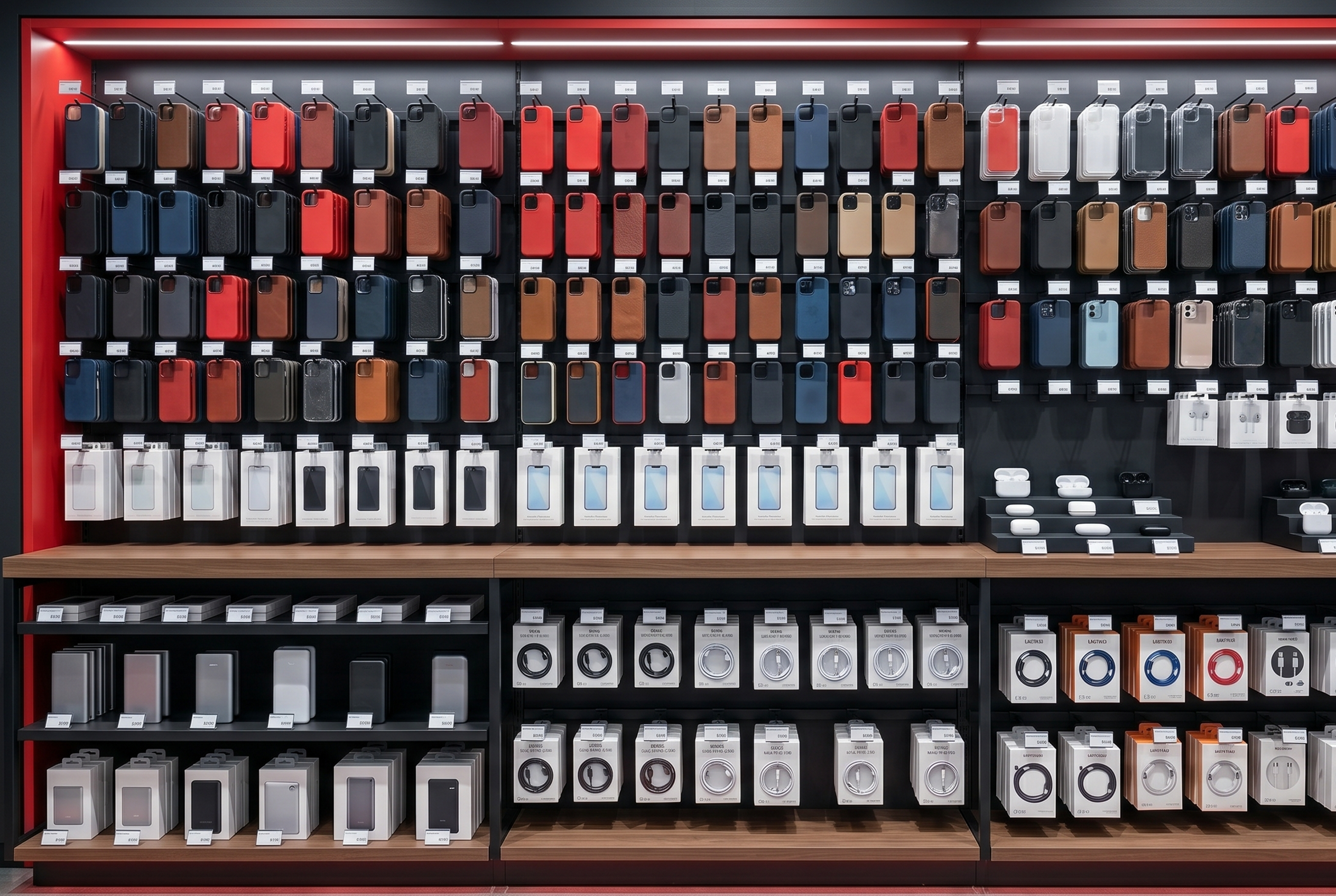Mur de produits MBK Tech Papineau — Étuis, câbles et accessoires pour téléphones à Montréal